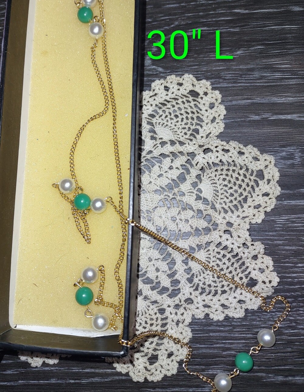 30" Gold Chain with Pearl & Green Stationed Beads Necklace - Picture 4 of 11